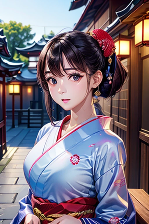 (Official Art、Highest quality、Unity 8k wallpaper、masterpiece、Ultra-high resolution)、Slender、Ample breasts、Black hair in a Japanese round topknot、Highly detailed background、Beautiful girl in yukata、(Highly detailed face and eyes、Beautiful Face、Beautiful Eyes、Beautiful nose、Pretty lips)、A friendly gaze、Japanese garden、Cowboy Shot、moonlight、Autumn scenery、