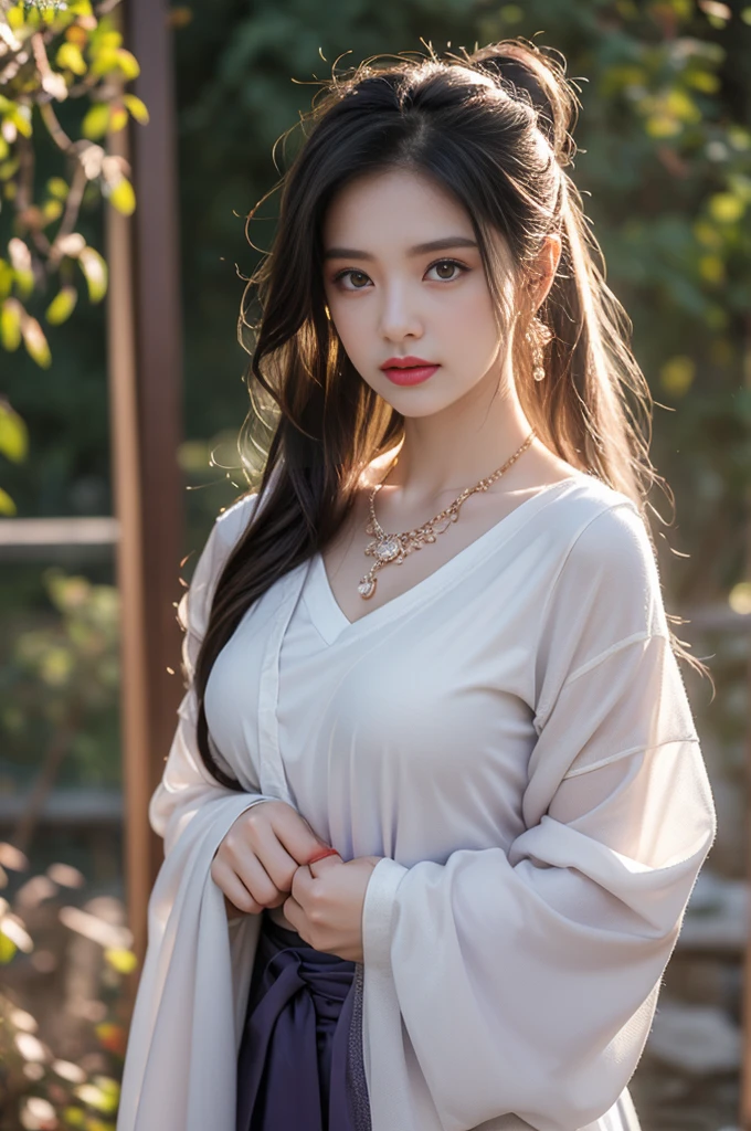 1 beautiful girl in Hanfu costume, ((black thin purple silk shirt with a lot of texture)), white lace top, long purple platinum ponytail Hair, Jewelry, ear jewelry, necklaces and necklaces, carefully drawn big purple eyes, makeup careful, thin eyebrows, high nose, beautiful red lips, no smile, pursed lips, rosy cheeks, wide breasts, big breasts, proportional breasts, slim waist, purple fishnet socks, chinese hanfu style, fictional art texture, colorful bright and realistic, RAW Photo, Realistic Photo, ultra high quality 8k surreal photo, (effective fantasy light effect: 1.8), 10x pixels, magical effect (Background): 1.8), ultradetailed eyes, full body portrait of girl , Chinese royal garden background, dynamic pose