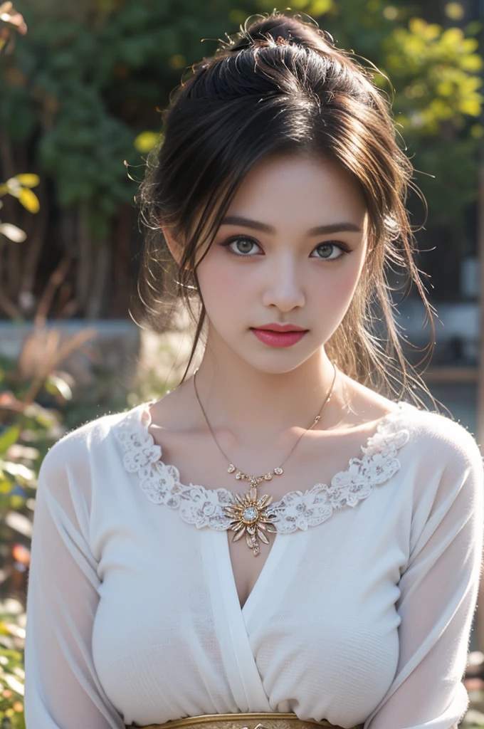 1 beautiful girl in Hanfu costume, ((black thin purple silk shirt with a lot of texture)), white lace top, long purple platinum ponytail Hair, Jewelry, ear jewelry, necklaces and necklaces, carefully drawn big purple eyes, makeup careful, thin eyebrows, high nose, beautiful red lips, no smile, pursed lips, rosy cheeks, wide breasts, big breasts, proportional breasts, slim waist, purple fishnet socks, chinese hanfu style, fictional art texture, colorful bright and realistic, RAW Photo, Realistic Photo, ultra high quality 8k surreal photo, (effective fantasy light effect: 1.8), 10x pixels, magical effect (Background): 1.8), ultradetailed eyes, full body portrait of girl , Chinese royal garden background, dynamic pose