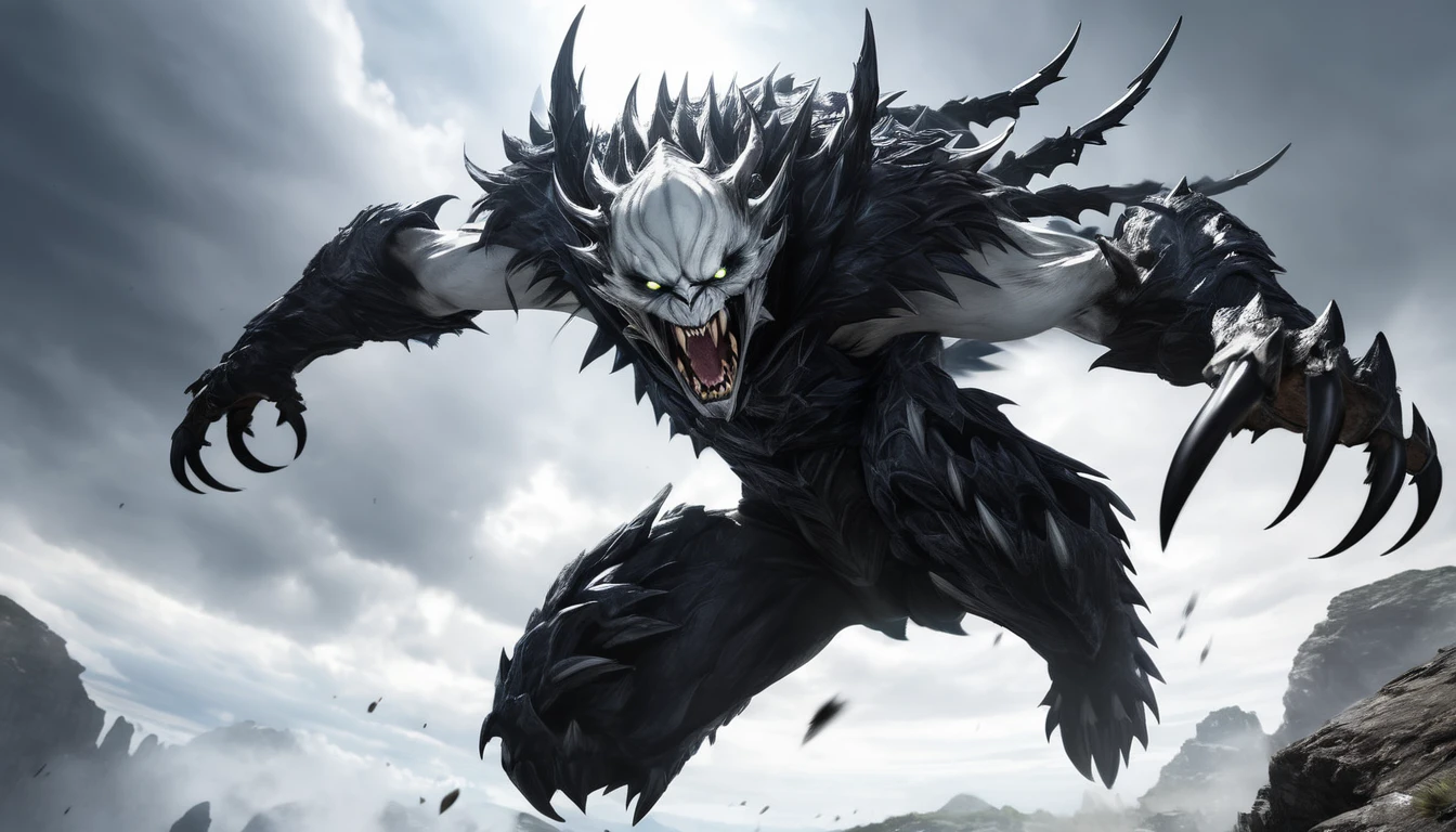 Realistic photos, RAW Photos, wight, attacks viewer, Powerful movements, jump on prey, ((Dynamic jump)), Sharp Claws, wight approaching from above, sudden approach, Bad-tempered, dynamic Shot from grand