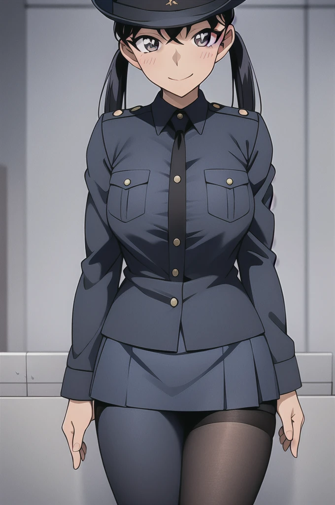 Accentuated thighs、chest、Beautiful black hair、1 girl、solo girl、Thick thighs、hand on own chest、smile、Miike Naeko,One girl,alone,police,police uniform,uniform,policewoman,skirt,tie,Twin tails,Black Hair