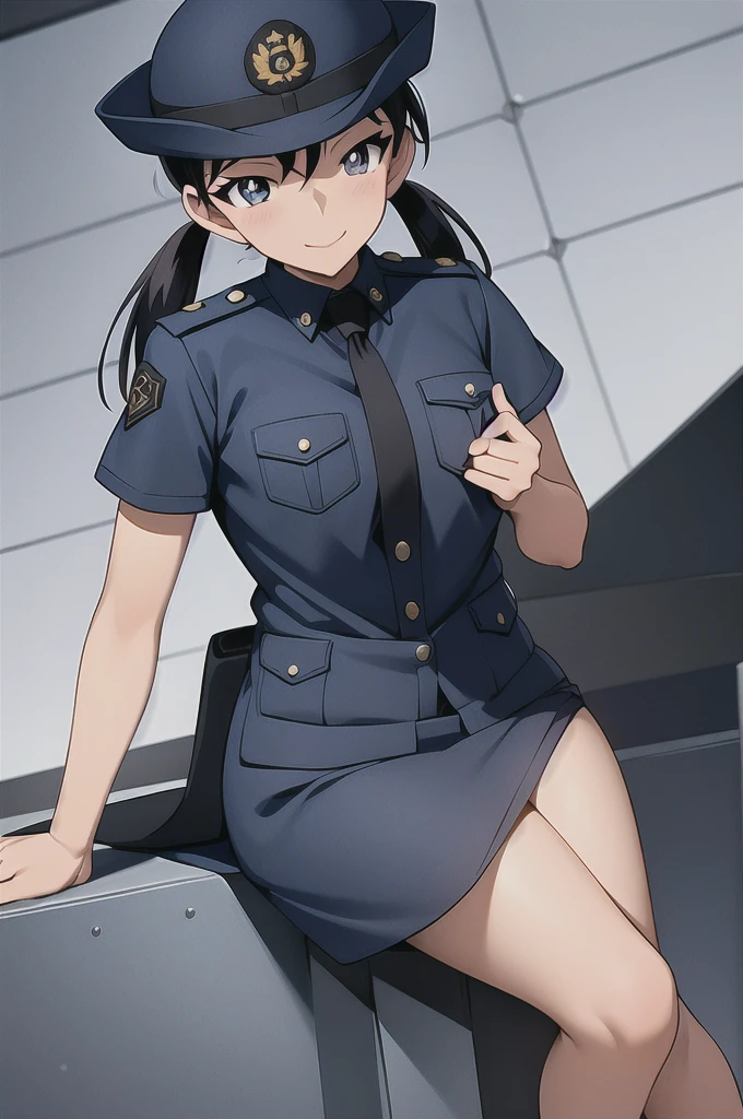 Accentuated thighs、chest、Beautiful black hair、1 girl、solo girl、Thick thighs、hand on own chest、smile、Miike Naeko,One girl,alone,police,police uniform,uniform,policewoman,skirt,tie,Twin tails,Black Hair