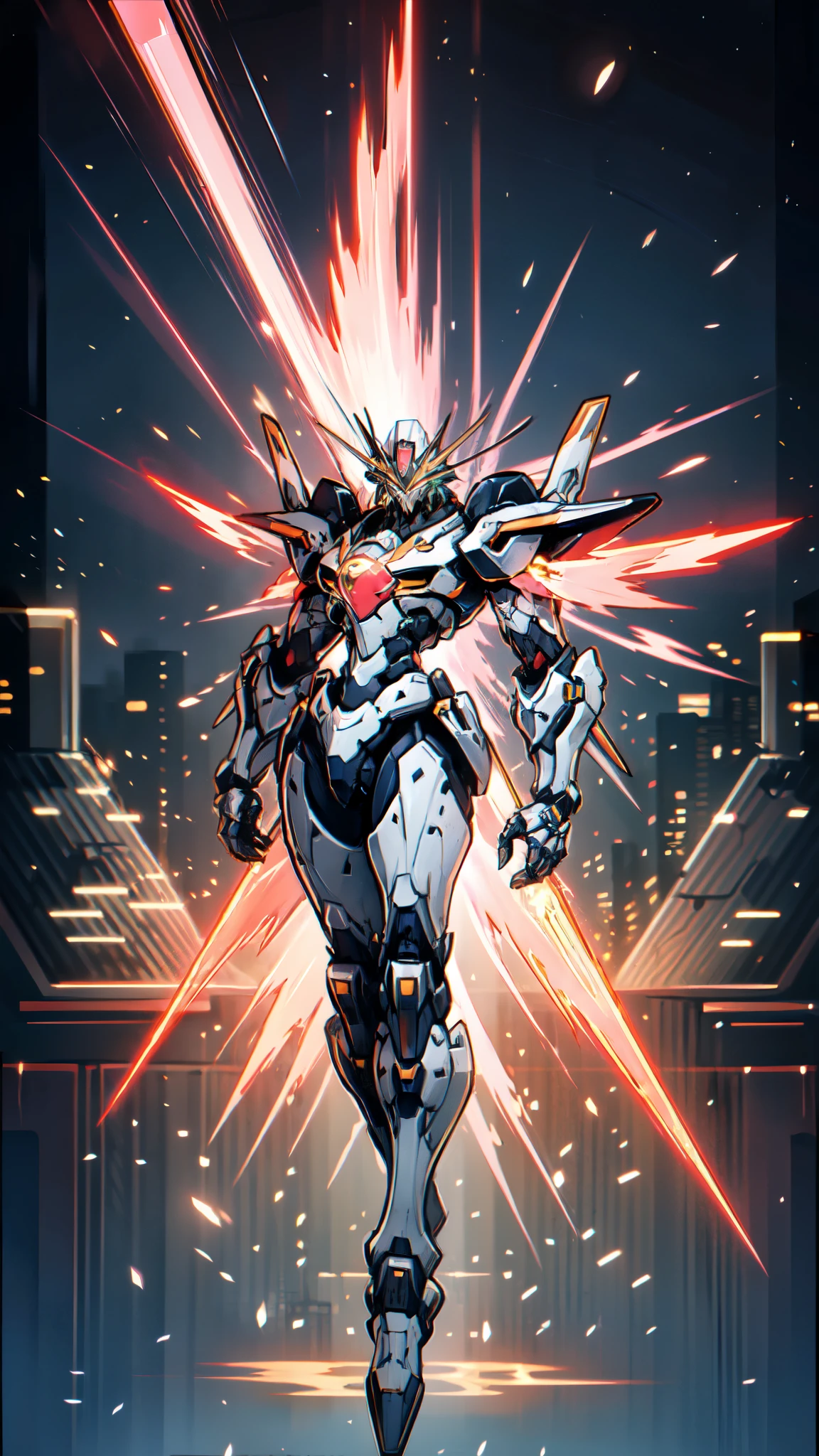 (masterpiece:1.5, best quality:1.5, extremely delicate:1.5), humanoid Mecha, fully enclosed shoulder guards, matching arm and leg guards, full body, full armor, the design balances heavy with agility, (the color scheme is primarily white with red and blue accents, the concept Inspired by Super robot, organic biotech armor, standing, floating high above the futuristic sci-fi city), exquisite and mature art style, (aura effect, energy, glowing eyes, the armor glows), metallic, dramatic, high definition, highres, ultra-detailed, ultra-fine painting, professional, perfect body proportions, anatomically correct, symmetrical face, extremely detailed eyes and face, high quality eyes, creativity, RAW photo, UHD, 32k, Natural light, cinematic lighting, masterpiece-anatomy-perfect