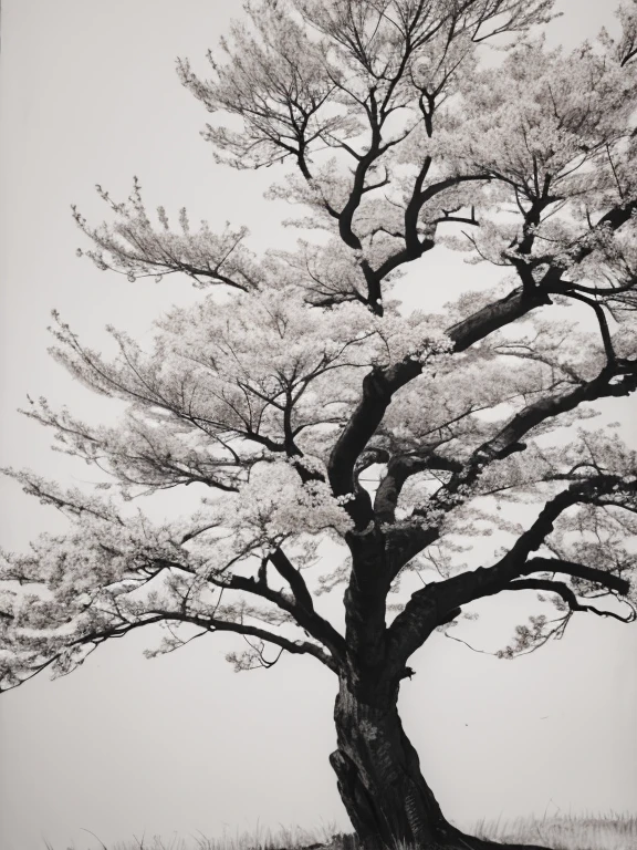 Penmanship,one cerry blossom big tree,monochrome,old painting,white background,far away,tribal,shadow