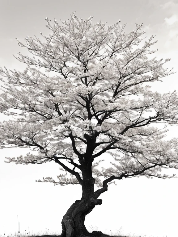 Penmanship,one cerry blossom big tree,monochrome,old painting,white background,far away,tribal,shadow