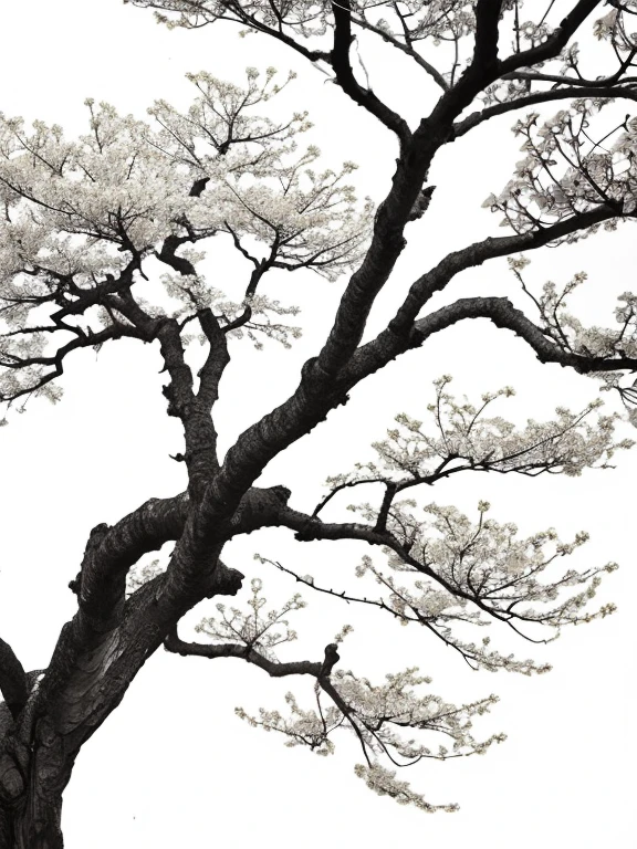 Penmanship,one cerry blossom big tree,monochrome,old painting,white background,far away,tribal,shadow