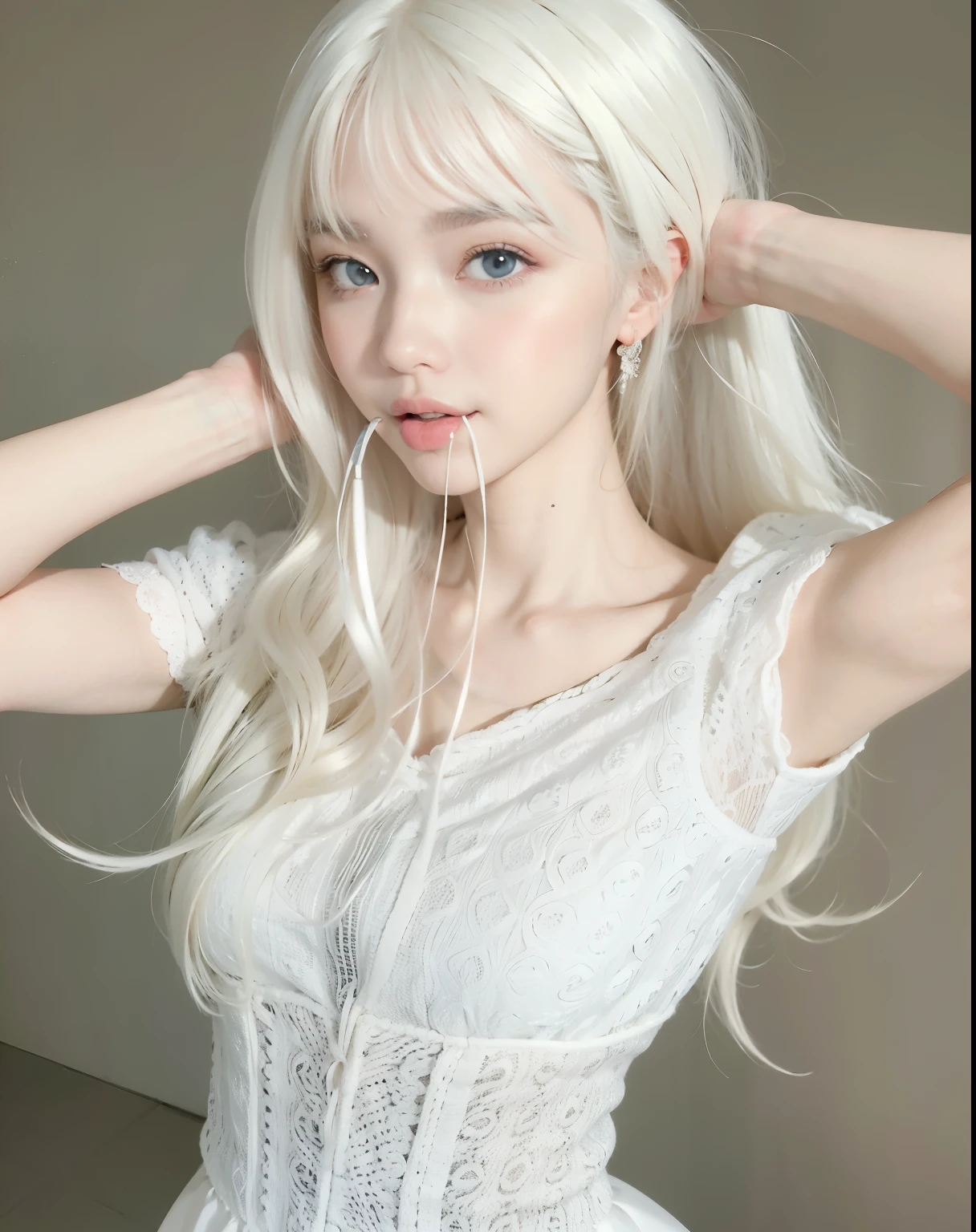 Blonde girl holding a pink toothbrush in her mouth, long white hair and bangs, white fringe, pale milky white porcelain skin, Best Face, pale porcelain white skin, White hime cut hairstyle, perfect girl with white hair, gray hair, with long white hair, with long white hair, Larissa Manoval, with gray hair, Guweizu, blue eyes