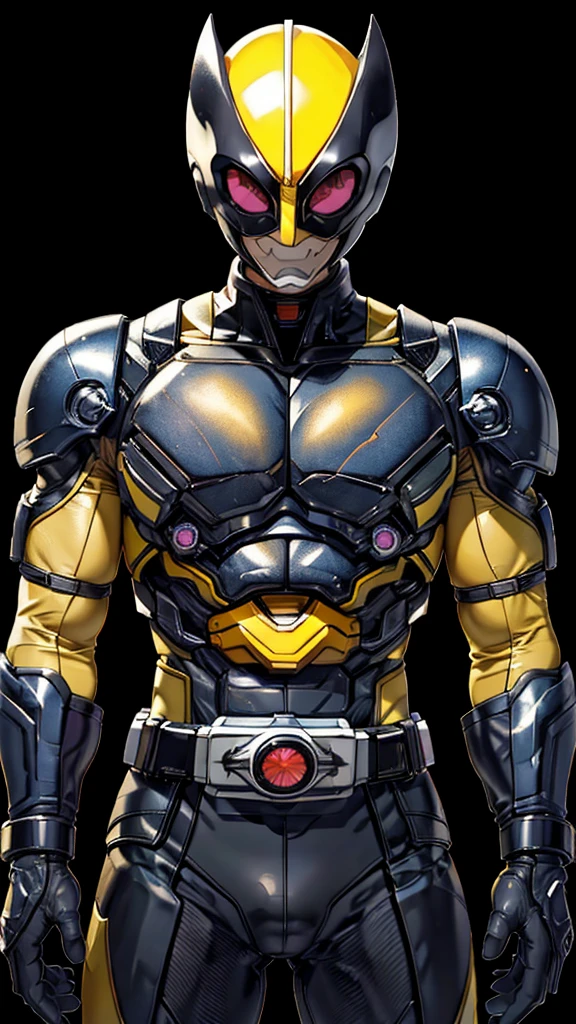 (8k),(masterpiece),(Japanese),(8-year-old boy),((innocent look)),((Childish)),From the front,smile,cute,Innocent,Kind eyes,Flat chest, yellow helmet,black domino mask,whitemask, Wolverine costume,Bald,No Hair, Henshin Pose,night,dark, Neon light cyberpunk city,Kamen rider,camisa, upper body  close up 