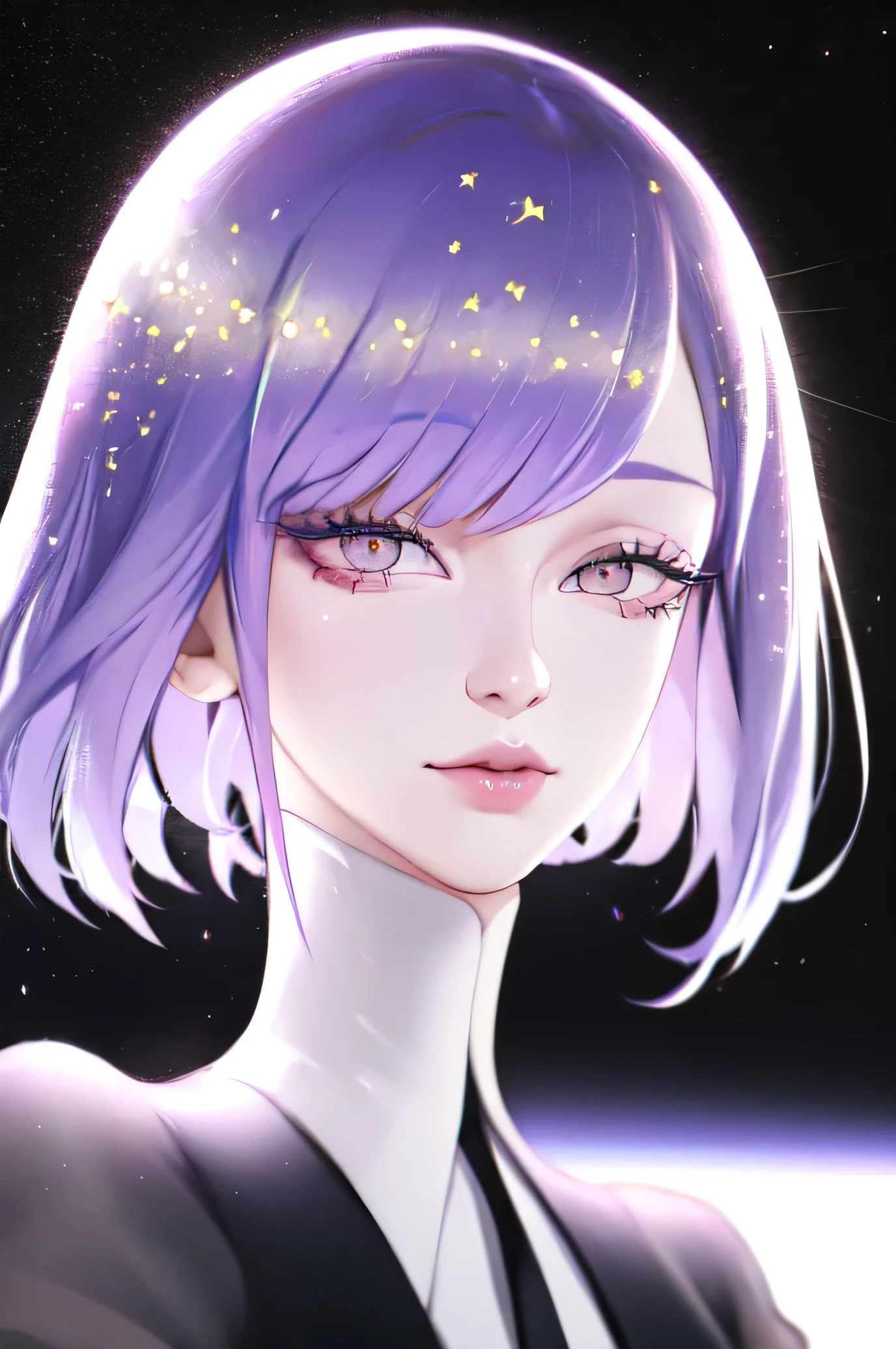 1girl, beautiful face, ((white eyes)), sexy pose, lilac hair color, shiny hair, ((gem-like)), short stylized hair, stars, space, (lightroom:1.13), soft light, (natural skin texture:1.2), (hyperrealism:1.2), sharp focus, focused,[[realistic]], houseki no kuni style