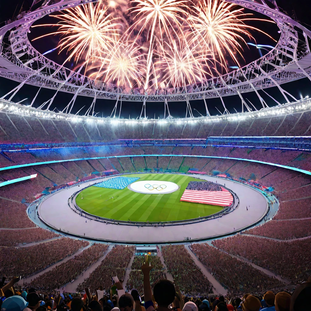 "A grand Olympic stadium during the opening ceremony, with a spectacular fireworks display lighting up the night sky. The stadium is filled with cheering crowds, waving flags from around the world. The track and field are illuminated, and the Olympic rings are prominently displayed on large screens. Athletes from various countries are parading around the track, showcasing their national pride. The atmosphere is electric, full of excitement and unity."