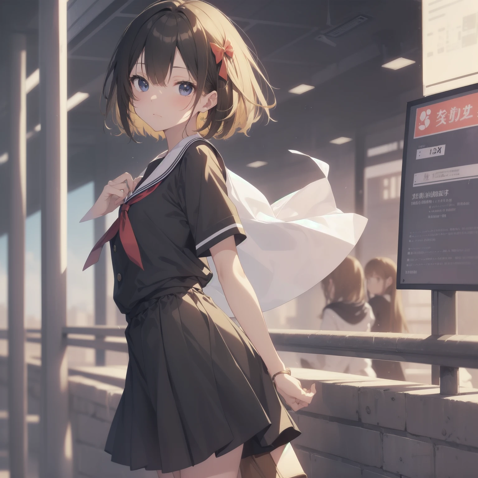 ultra-absurdres-Top quality by artist God, ultra-detailed, high resolution, anime moe artstyle, best anime 8k konachan wallpaper, pixiv contest winner, pool:2810, perfect anatomy,break, 1girl, (Please draw a girl walking sleepily to school alone. )break,(Solo,little female, 13-year-old:1.3),Full limbs, complete fingers,a junior high school student, (very short hair), short cut, flat chest, , small butt, small black eyes, beautiful detailed eyes, well-proportioned iris and pupils, expressive eyes, highres detailed hair, soft expression, salor school_uniform, sailor collar, serahuku, bow, pleated skirt,(Detailed Lighting), (Detailed background), in the School commute route. break,super detailed skin, Best cinematic lighting powered by famous artist, 8k,beauty illustration,photoshop_(medium),very aesthetic,break,((artist:yuuhagi_(amaretto-no-natsu) )), artist:clamp ,artist:carnelian ,artist:kantoku ,
