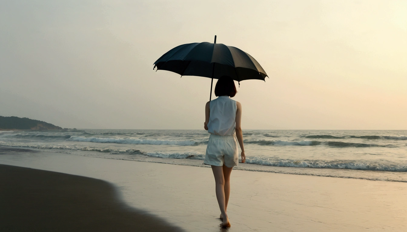 8k, Vivid picture quality, Vivid picture quality, long deserted beach, walking slowly from afar, short medium hair, beautiful appearance, Model-like body, sunset의 붉은 빛, sunset, alone, afternoon, depressed, tide가 밀려온다, rain, medium size black umbrella, ocean, tide, wind, rain가 내리는, Short and slim Korean woman, tower, White shorts, rain가 내리는, walking on the beach with a black umbrella