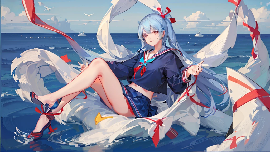 a smiling girl with long white straight hair, red eyes, wearing a navy and white sailor uniform ((with a sky blue sailor ribbon:1.6)),
School zone street, detailed portrait, realistic, photorealistic, 8k, best quality, masterpiece, ultra-detailed, sharp focus, physically-based rendering, professional, vivid colors, natural lighting
