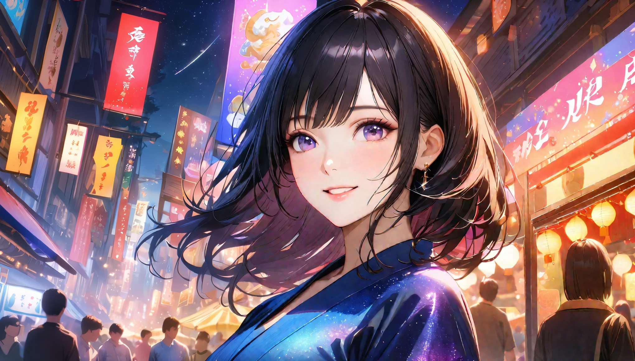 Summer festival,Date with her,night, Starry Sky,yukata,Gazing at the sky,high school girl,smile,Glitter effect,Highest quality, 8k, High resolution, masterpiece:1.2, Very detailed, Realistic:1.37, High resolution, 超High resolution, Ultra-fine painting, Very detailed, Professional, Vibrant colors