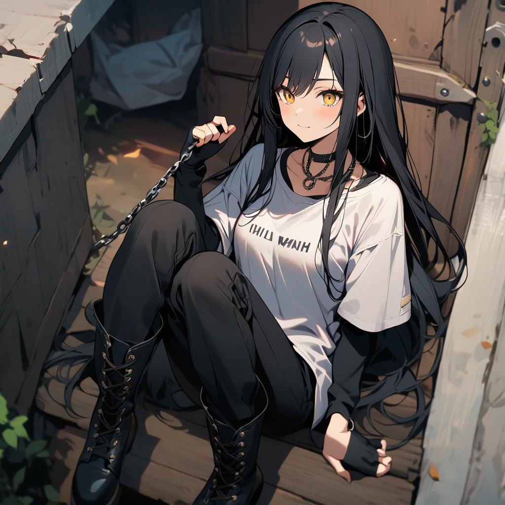 (well done: 1) Woman, long straight black hair, yellow eyes, black choker, loose white long-sleeved t-shirt, black fingerless gloves, black pants with some chains around them, black boots.