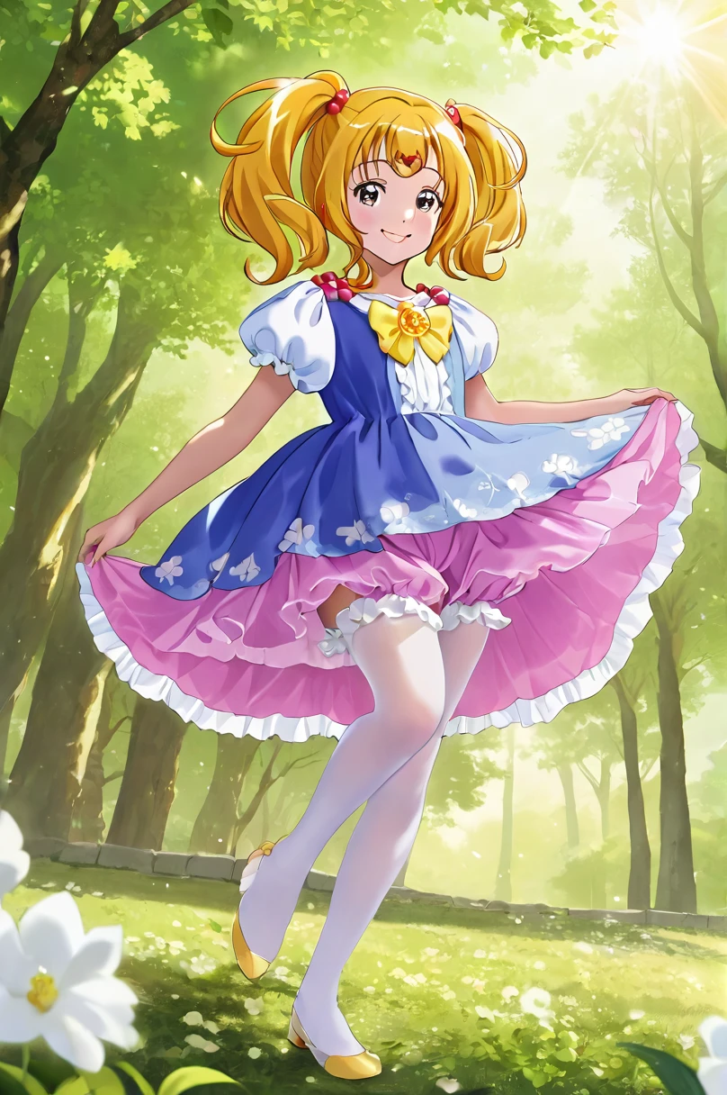 10 year old girl underwear, Smile Precure、Realistic bloomers made from patterned cotton fabric, Medieval one-piece dress with panniers, Fabric Realism, Low - Angle, I see bloomers, Pull up the dress by hand, Strong winds, Translucent slip, Translucent slip, tights, Highest quality,  whole body