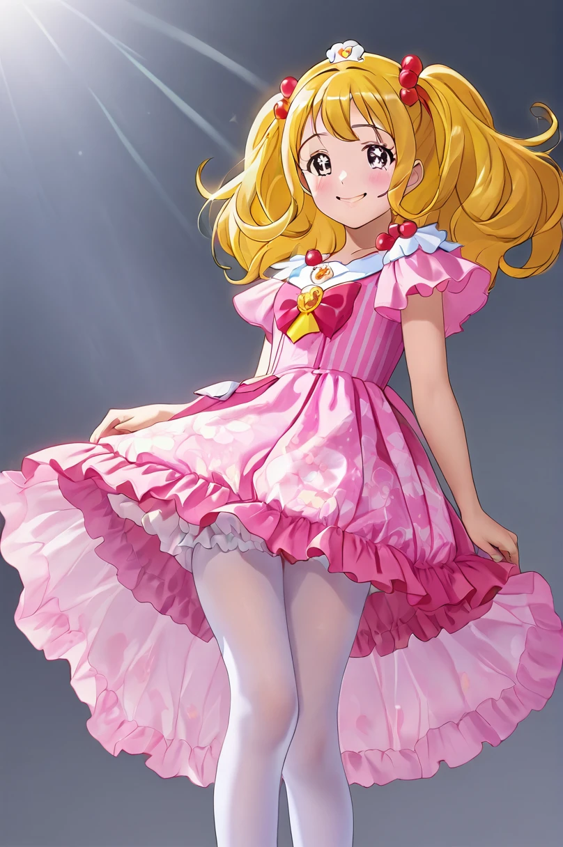  girl underwear, Smile Precure、Realistic bloomers made from patterned cotton fabric, Medieval one-piece dress with panniers, Fabric Realism, Low - Angle, I see bloomers, Pull up the dress by hand, Strong winds, Translucent slip, Translucent slip, tights, Highest quality,  whole body