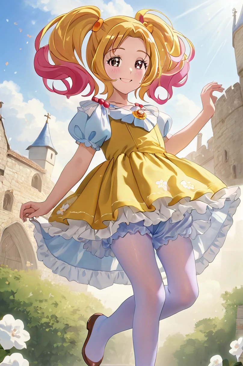 10 year old girl underwear, Smile Precure、Realistic bloomers made from patterned cotton fabric, Medieval one-piece dress with panniers, Fabric Realism, Low - Angle, I see bloomers, Pull up the dress by hand, Strong winds, Translucent slip, Translucent slip, tights, Highest quality,  whole body