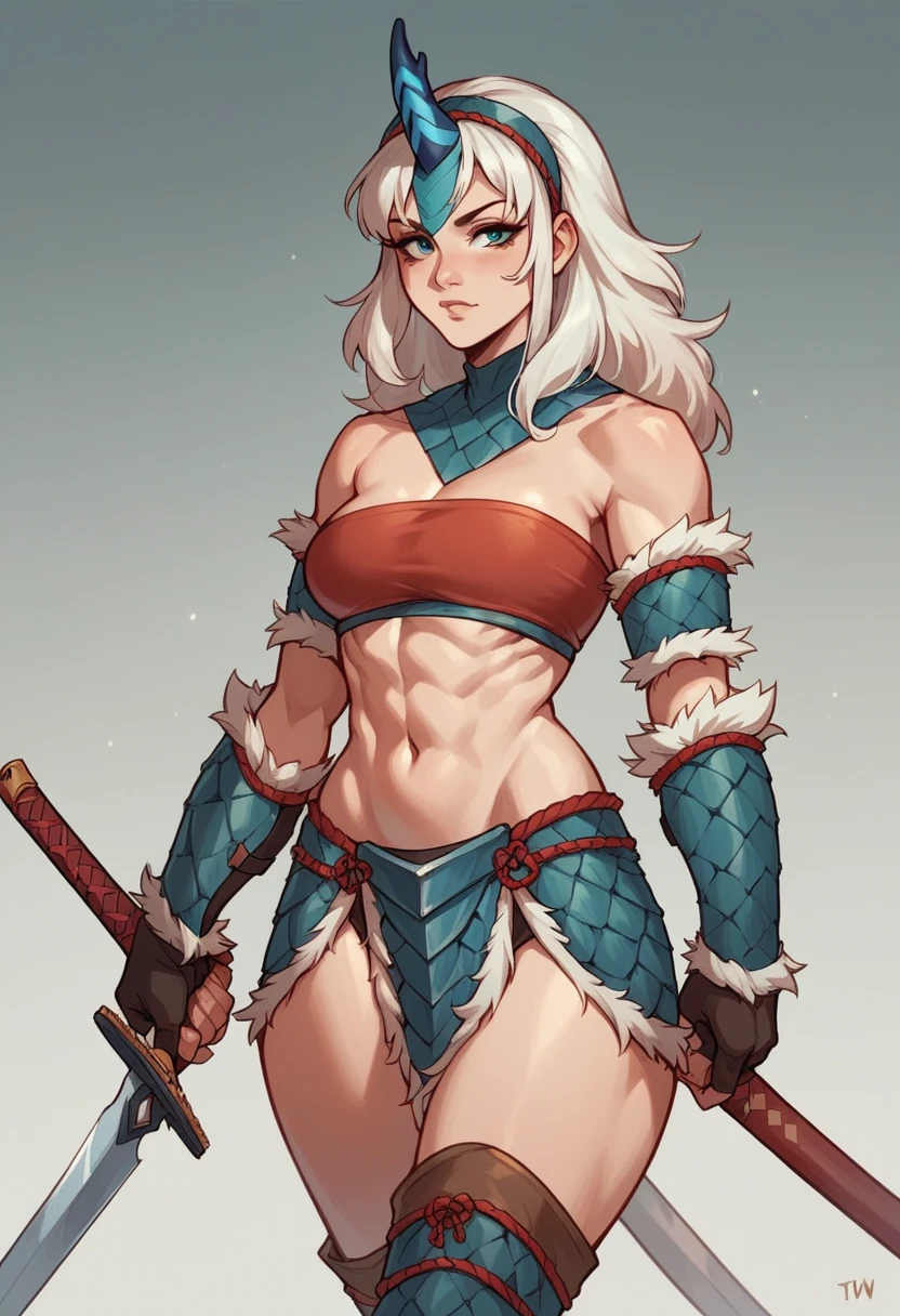 KIRIN ARMOR,MONSTER HUNTER,female,White hair,TUBE TOP,nsfw,glamorous,cowboy shot,with sword