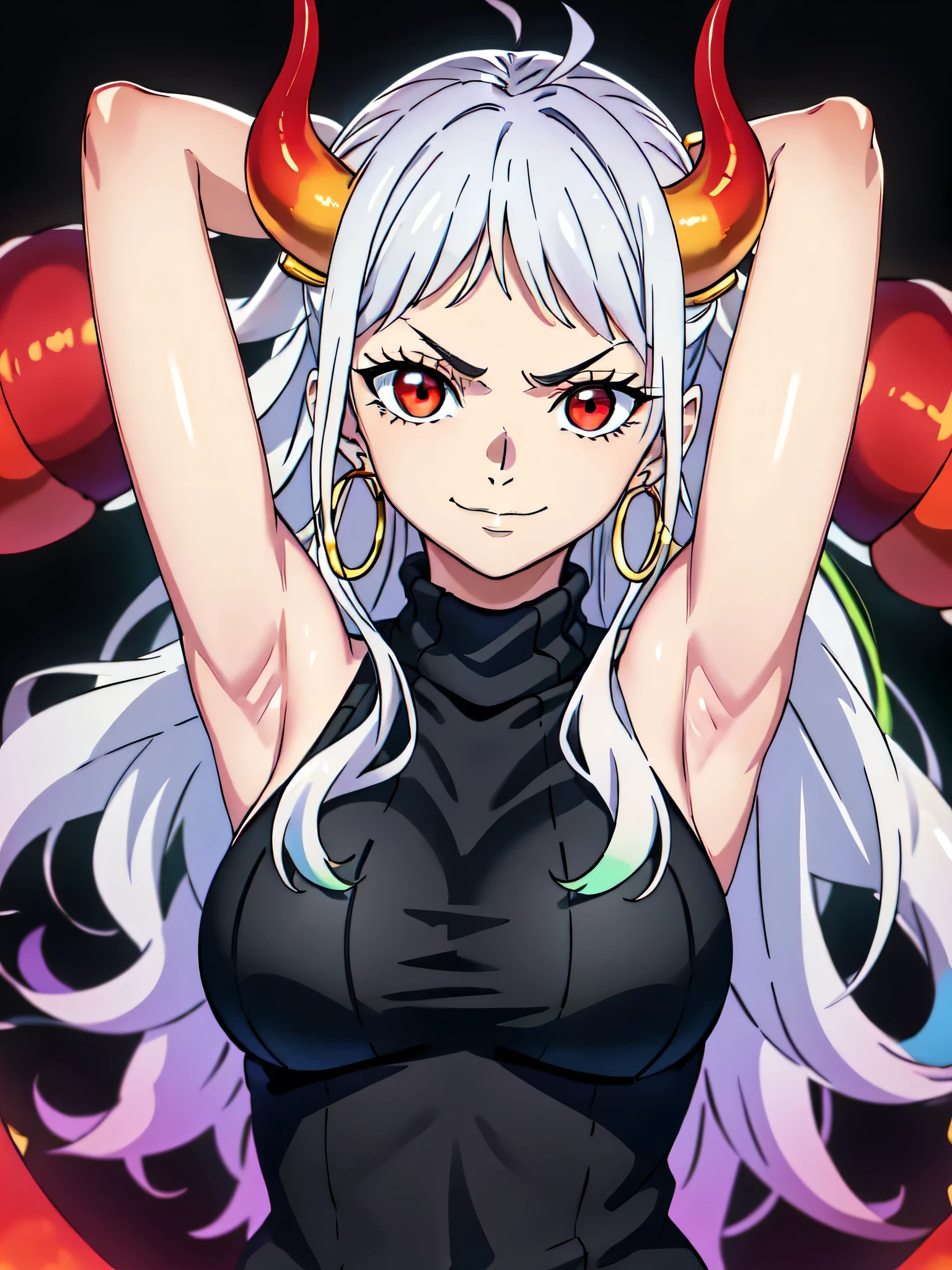 yamato, hair ornament, oni, earrings, hoop earrings, hair stick, multicolored hair, (white hair with green balayage:1.3), red eyes, curled horns, horns, green hair, long hair, jewelry, red horns, sweater, ribbed sweater, ribbed, turtleneck, (black sweater:1.5), sleeveless sweater, sleeveless, bare shoulders, bare arms, 1girl, solo, anime screencap, frontlighting, (simple background, black background, dark background:1.3), masterpiece, absurdres, hdr, soft light, best quality, detailed, highres, shiny skin, shiny hair, (looking at viewer, eye contact with viewer:1.5), smile, smug, (closed mouth:1.2), arms up, raised arms, armpits, in the center, symmetrical, upright,