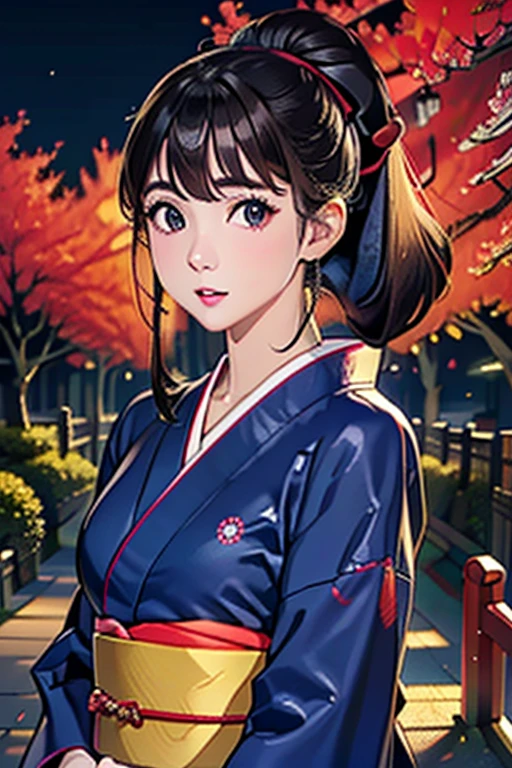 (Official Art、Highest quality、Unity 8k wallpaper、masterpiece、Ultra-high resolution)、Slender、Ample breasts、Black hair in a Japanese round topknot、Highly detailed background、Beautiful girl in yukata、(Highly detailed face and eyes、Beautiful Face、Beautiful Eyes、Beautiful nose、Pretty lips)、A friendly gaze、Japanese garden、Cowboy Shot、moonlight、Autumn scenery、