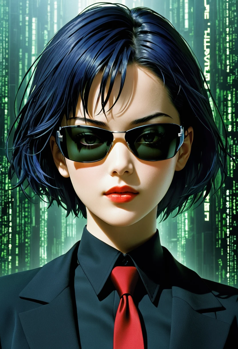 (masterpiece, best quality,ultra highres), (movie poster art,title  of "the matrix"),In the center of the poster,heroine girl in posing,(16yo,(darkblue wavy-short hair),thick eyebrows,middle small breasts),(wearing black suit,red tie),black cyber eyewear,