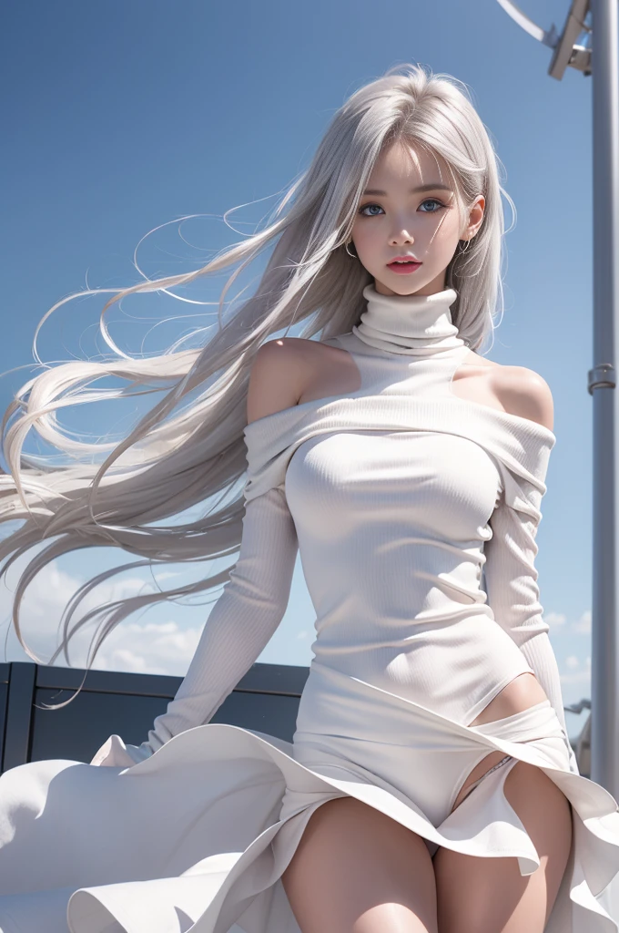 Heterochromatic iris，Silver Haired Girl，High Resolution Free，(Semi-transparent off-shoulder turtleneck pure white dress)、(The wind blows up my skirt)、(White panties are visible)