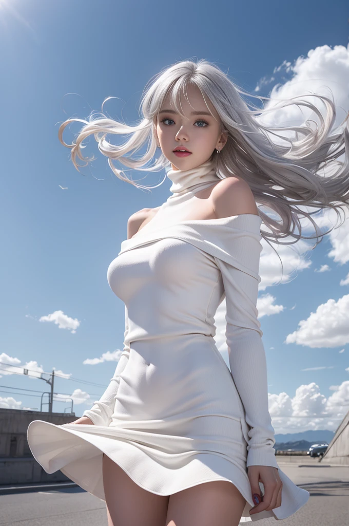 Heterochromatic iris，Silver Haired Girl，High Resolution Free，(Semi-transparent off-shoulder turtleneck pure white dress)、(The wind blows up my skirt)、(White panties are visible)