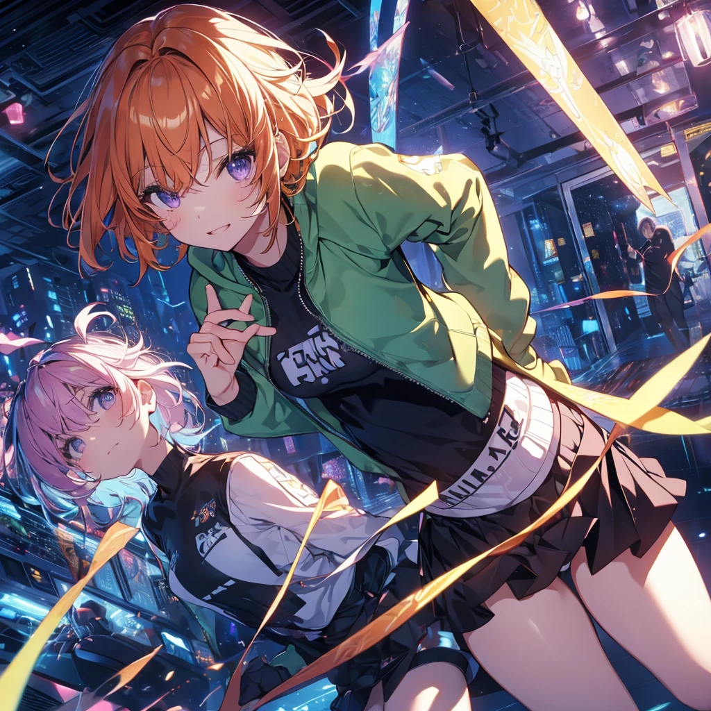 (Recall,push ups:1.3),(Camel Toe:1.3),Highest quality,Best image quality,Perfect Anatomy,masterpiece,Ultra-detailed,beautiful,super high quality, Highest quality,High resolution, Very detailed,Game CG,Dutch Angle ,beautiful細部までこだわった目,Visual Arts,Five Fingers, Perfect hands,Hide your hands, {{{One Girl}}}, beautiful詳細な女の子, Game CG, Spring flower, One curl on the outside, Short Bob Hair, Pastel orange hair, Purple eyes,Stylish accessories solo, breast enhancement, Medium Shoot, woman, Take-out, Laughter, huge ,,Pastel green checkered mini skirt,Black knee-highs, {{{{{Wearing a pastel green hoodie}}}}},Open your mouth, Daytime Classroom, wonderful, beautiful細部までこだわった目, Highest quality, Very delicate,Masseter muscle area,Highest quality,(Official Art、Highest quality、Unity 8k wallpaper、32K、masterpiece、Ultra-detailed、超High resolution、Realistic、Photorealistic:1.2)、(Cinema Lighting:1.2)、Fire Glow Effect、The most grainy shadows on the film、Side light、Side Shot、(Ultra-detailedで複雑な3Dレンダリング)、Atelier Series,
