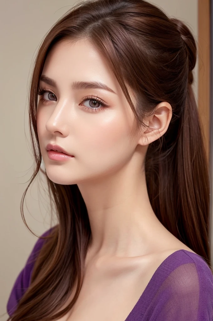 Reddish brown hair、Purple Eyes、Left side ponytail、Medium breast、Glossy Skin、Alluring、30Generation of women、Adult Female Solo、
