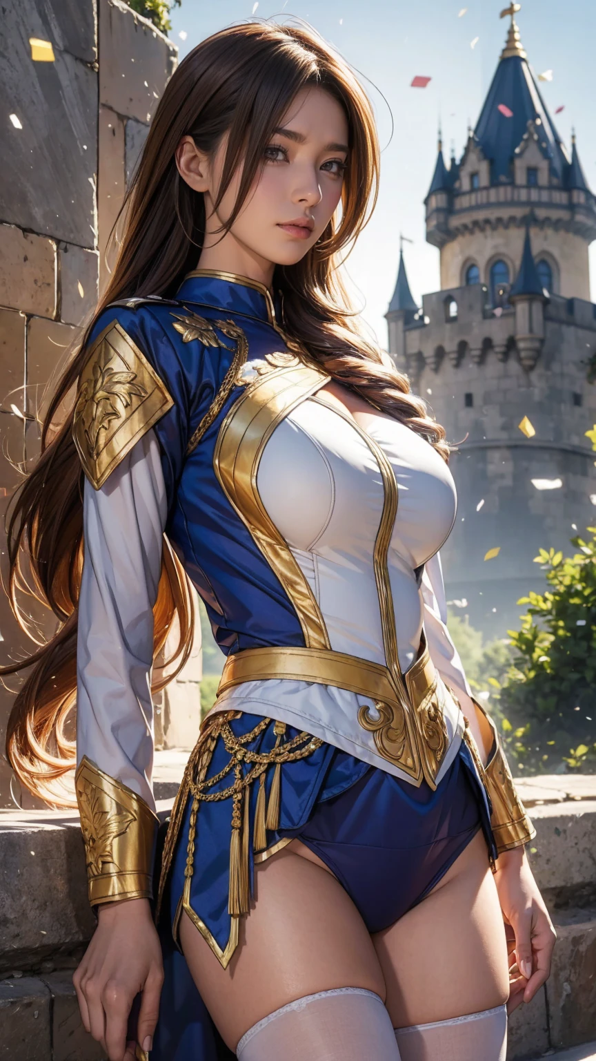 Highest quality, Official Art, masterpiece, Fabric Shading, High resolution, Very detailed, colorful, Best details, Fantasy, Combat Uniform, Yuki Mori:1.5, 1 female, Age 25, Golden Hair, Long Hair, Curly Hair, Highest quality, Official Art, masterpiece, Fabric Shading, High resolution, Very detailed, colorful, Best details, Fantasy, Combat Uniform,1 female, Age 25, Standing on the stairs, A castle town with an old castle view, sunny, Random Hair, Large Breasts, skinny, Surrounded by a lot of people:1.9, Confetti falling, Blessed, Welcomed:1.5, Camel Toe:1.3, Ground level shot:,