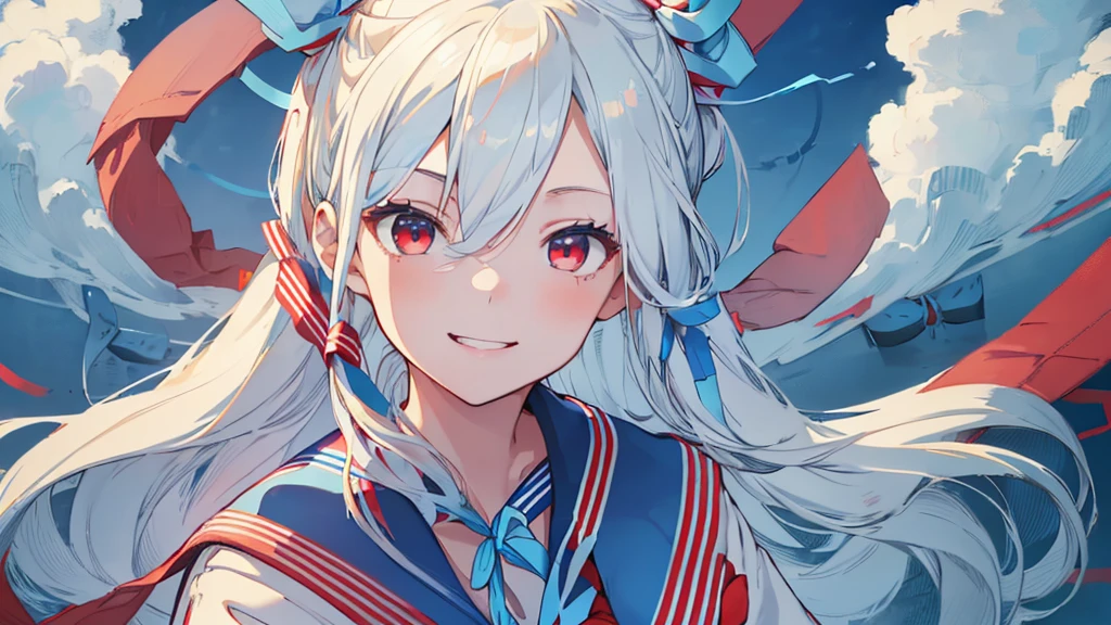a smiling girl with long white straight hair, red eyes, wearing a navy and white sailor uniform ((with a sky blue sailor ribbon:1.6)), 
School zone street, detailed portrait, realistic, photorealistic, 8k, best quality, masterpiece, ultra-detailed, sharp focus, physically-based rendering, professional, vivid colors, natural lighting