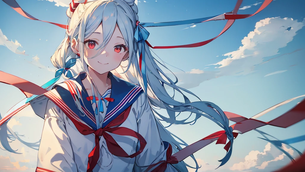 a smiling girl with long white straight hair, red eyes, wearing a navy and white sailor uniform ((with a sky blue sailor ribbon:1.6)), 
School zone street, detailed portrait, realistic, photorealistic, 8k, best quality, masterpiece, ultra-detailed, sharp focus, physically-based rendering, professional, vivid colors, natural lighting