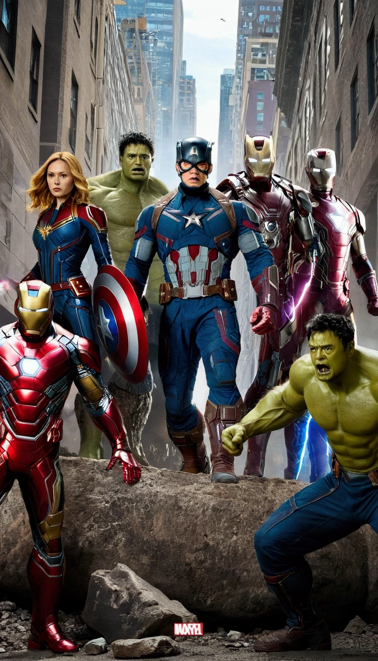 Very detailed，Superhero Waghting Stance，Captain America，Captain Marvel，Iron Man，Thor，Doctor Strange，Ant-Man，Groot，Rocket Raccoon，Spider-Man，Black Panther，Black Widow，Hawkeye，the hulk，Scarlet Witch，Attack each other，Intricate details，There are other superheroes in the distance，Collapsed streets，of war，