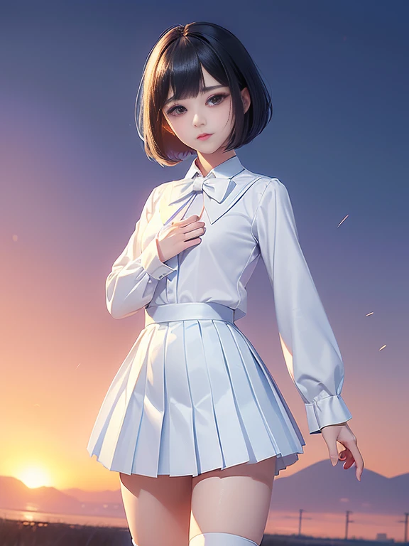 (masterpiece、Highest quality:1.7)、(:1.5)、(Full body shot:1.3)、Bobcut、Black Hair、85mm、16K、Official Art、RAW Photos、Best Beautiful Faces、Close-up、Violet、Gardenia、((The best beautiful girl、very cute))、Red blush on cheeks、((In the office))、(Are standing:1.8)、Film Grain、Chromatic Aberration、Sharp Focus、(((Nice hands、Perfect hands、Perfect Fingers、Thin and delicate fingers、A perfect body without flaws)))、Detailed face、(Slender body:1.5)、(Slender body:1.3)、(Slim upper body:1.2)、(Small and flat bust:1.7)、(Narrow thighs:1.3)、(Let your bangs hang down:1.8)、(Blushing:1.8)、(Low contrast lighting:1.4)、(襟t付きのwhiteタイトビジネスブラウス:1.5)、((white)Bowtie blouse:1.5)、(Long sleeve: 1.4)、(The length is very short(white)Pleated mini skirt:1.8)、(whiteスクールソックス:1.5),(Cover your chest with your palms:1.7),(The wind is blowing up her skirt:1.8),(Low angle from below:1.8)
