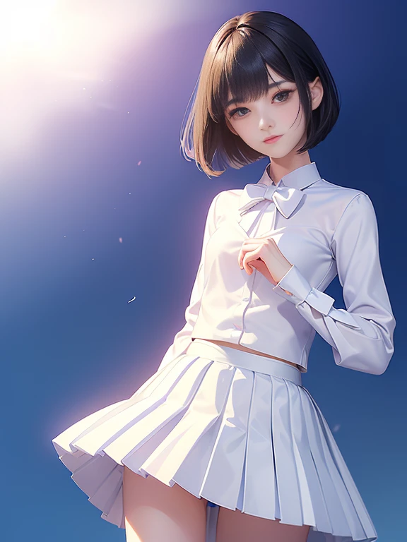 (masterpiece、Highest quality:1.7)、(12 years old:1.5)、(Full body shot:1.3)、Bobcut、Black Hair、85mm、16K、Official Art、RAW Photos、Best Beautiful Faces、Close-up、Violet、Gardenia、((The best beautiful girl、very cute))、Red blush on cheeks、((In the office))、(Are standing:1.8)、Film Grain、Chromatic Aberration、Sharp Focus、(((Nice hands、Perfect hands、Perfect Fingers、Thin and delicate fingers、A perfect body without flaws)))、Detailed face、(Slender body:1.5)、(Slender body:1.3)、(Slim upper body:1.2)、(Small and flat bust:1.7)、(Narrow thighs:1.3)、(Let your bangs hang down:1.8)、(Blushing:1.8)、(Low contrast lighting:1.4)、(襟t付きのwhiteタイトビジネスブラウス:1.5)、((white)Bowtie blouse:1.5)、(Long sleeve: 1.4)、(The length is very short(white)Pleated mini skirt:1.8)、(whiteスクールソックス:1.5),(Cover your chest with your palms:1.7),(The wind is blowing up her skirt:1.8),(Low angle from below:1.8)