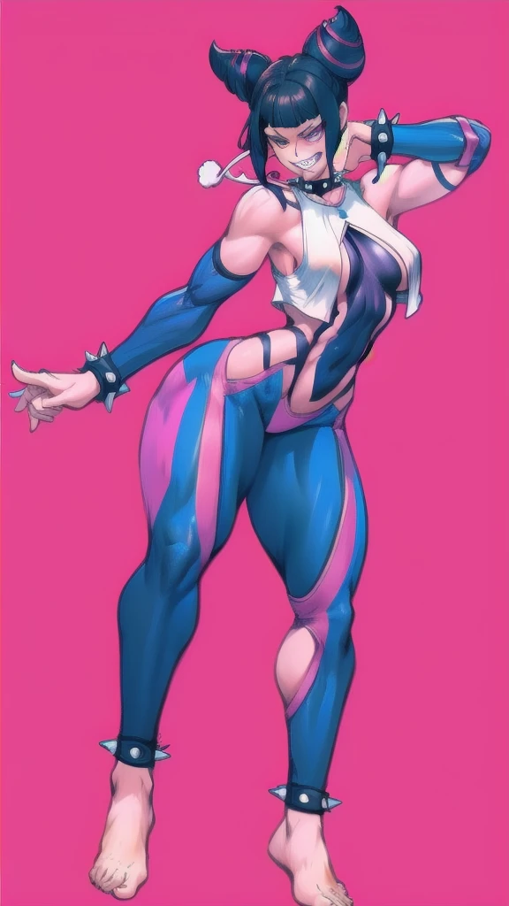 Full body image of Juri Han from Street Fighter 5, wearing her original outfit (black and purple clothes with spiked accents, barefoot with taped feet, and arm guards), short black hair styled in twin buns, female body, athletic and flexible body, dynamic pose, detailed pose, simple background, expressive face showing a mischievous grin, focus on face, line art, sketch