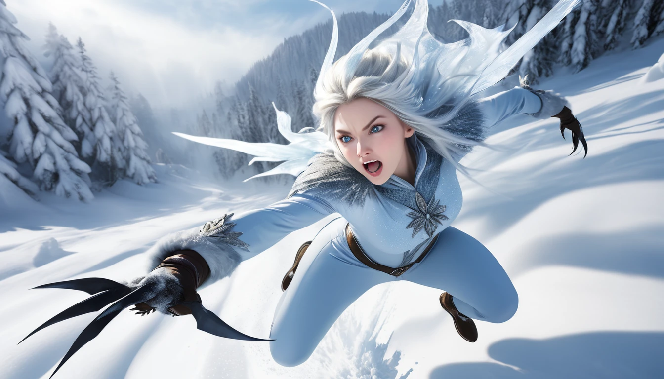 Realistic photos, RAW Photos, The snow queen, attacks viewer, Powerful movements, jump on prey, ((Dynamic jump)), Sharp Claws, The snow queen approaching from above, sudden approach, Bad-tempered, dynamic Shot from grand