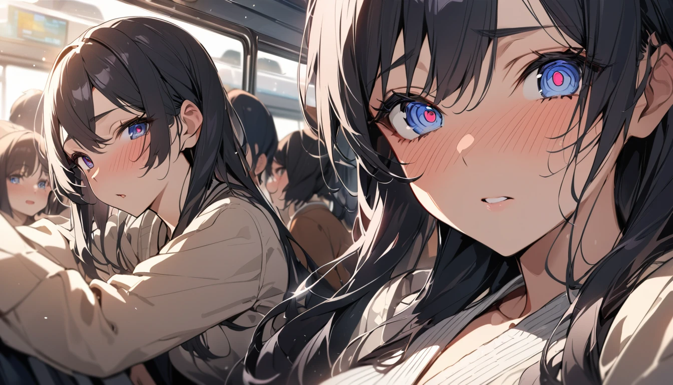 masterpiece, High resolution, perfect face, Japan beauties, 30 years old, beautiful face, in the crowded train, high school student, embarrassed look, look at the camera, (top quality eyes), detailed texture, Look at me, Married woman, cool women, ((high resolution eyes)), hentai face