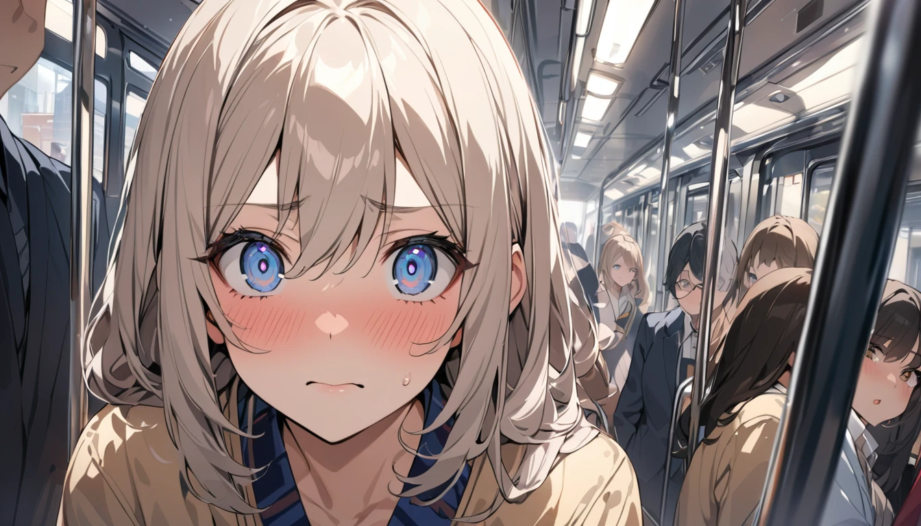 masterpiece, High resolution, perfect face, Japan beauties, 30 years old, beautiful face, in the crowded train, high school student, embarrassed look, look at the camera, (top quality eyes), detailed texture, Look at me, Married woman, cool women, ((high resolution eyes)), hentai face