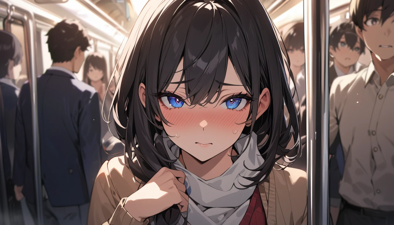 masterpiece, High resolution, perfect face, Japan beauties, 30 years old, beautiful face, in the crowded train, high school student, embarrassed look, look at the camera, (top quality eyes), detailed texture, Look at me, Married woman, cool women, ((high resolution eyes)), hentai face