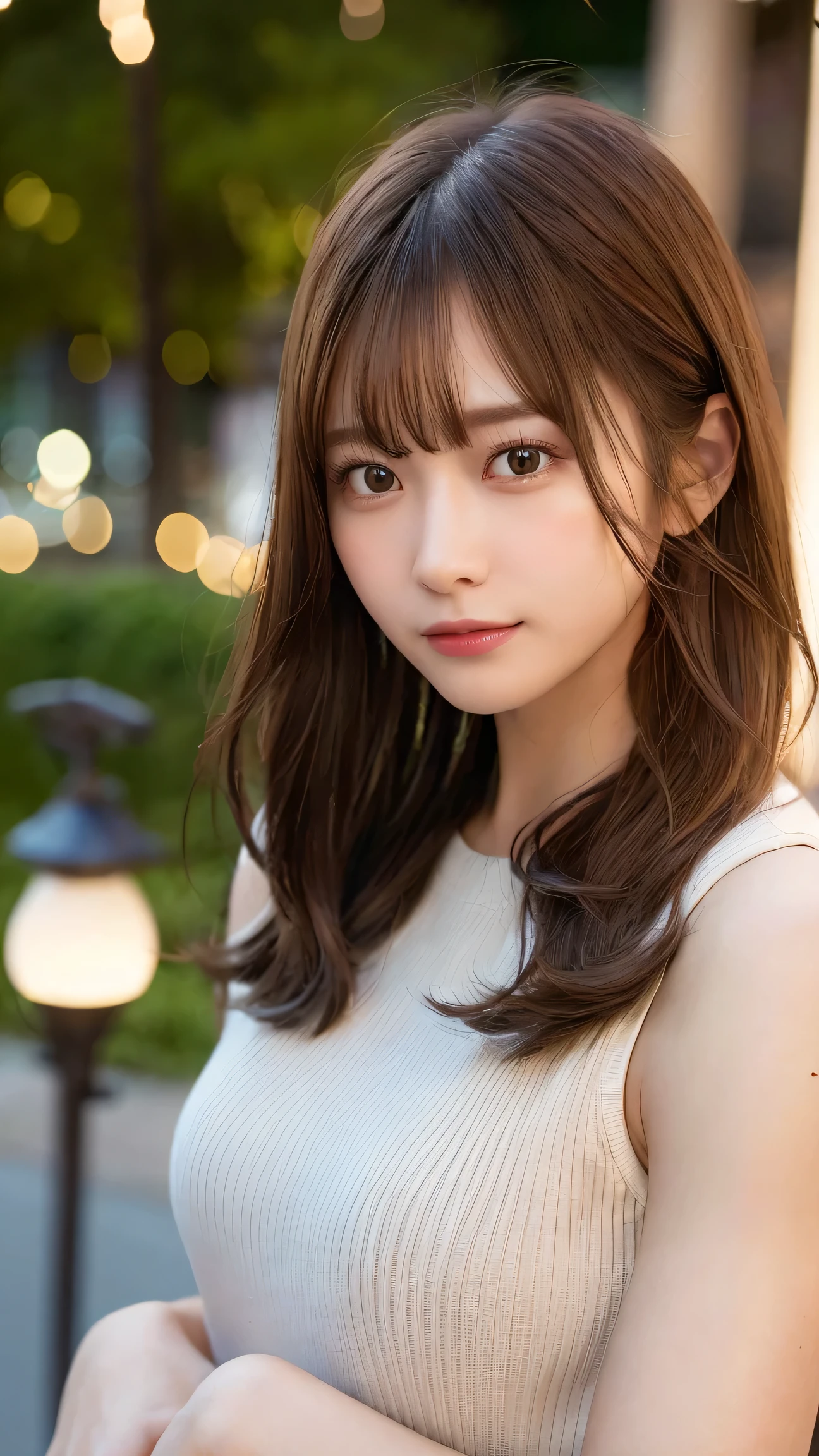 (highest quality,masterpiece:1.3,A high resolution,),(Very detailed,Caustics),(Photorealistic:1.4,RAW shooting,)Ultra-Realistic Capture,Very detailed,High resolution 16K suitable for human skin、 Natural skin texture、、Skin tone is even and healthy looking、 Use natural light and color,One Woman,Japanese,,cute,brown hair,Middle Hair,(Written boundary depth、chromatic aberration、、Wide range of lighting、Natural Shading、)、(outdoor lights at night:1.4)、(Hair swaying in the wind:1)、short hair、Outward flicked edge