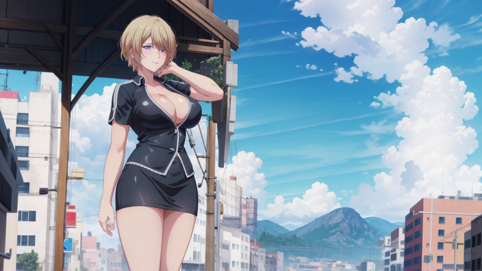 1 girl, very big breasts, very sexy body, 1 girl in, a smile, looks at the viewer, black shirt, super short white school miniskirt, full body, giant breasts, cleavage, giant breasts, heels, background in the mountains 1 girl , with big breasts. long legs QUEEN huge tits, (cleavage), high legs, (standing), sexy and muscular body. short skirt.4k hd