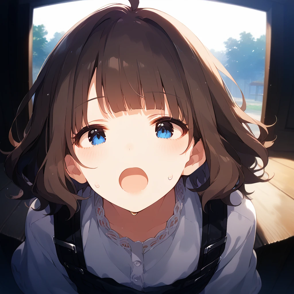 score_9, score_8_up, score_7_up, source_anime, best quality, masterpiece, official art, absurdres, highres, ultra-detailed,waifu2x,Collection: Slice of Life,break,1girl, suou momoko, ahoge, short hair, blue eyes, eyebrows visible through hair, wavy hair, blunt bangs, sweat, open mouth, (yawn:0.3), sleepily, outdoors, wind,break,(clear line illustration:1.2), super detailed skin,very high resolution, very aesthetic, Best sexual lighting powered by famous artist, 8k,cute picture,beauty illustration,photoshop_(medium),,(Detailed Lighting),best anime 8k konachan wallpaper, pixiv contest winner, 