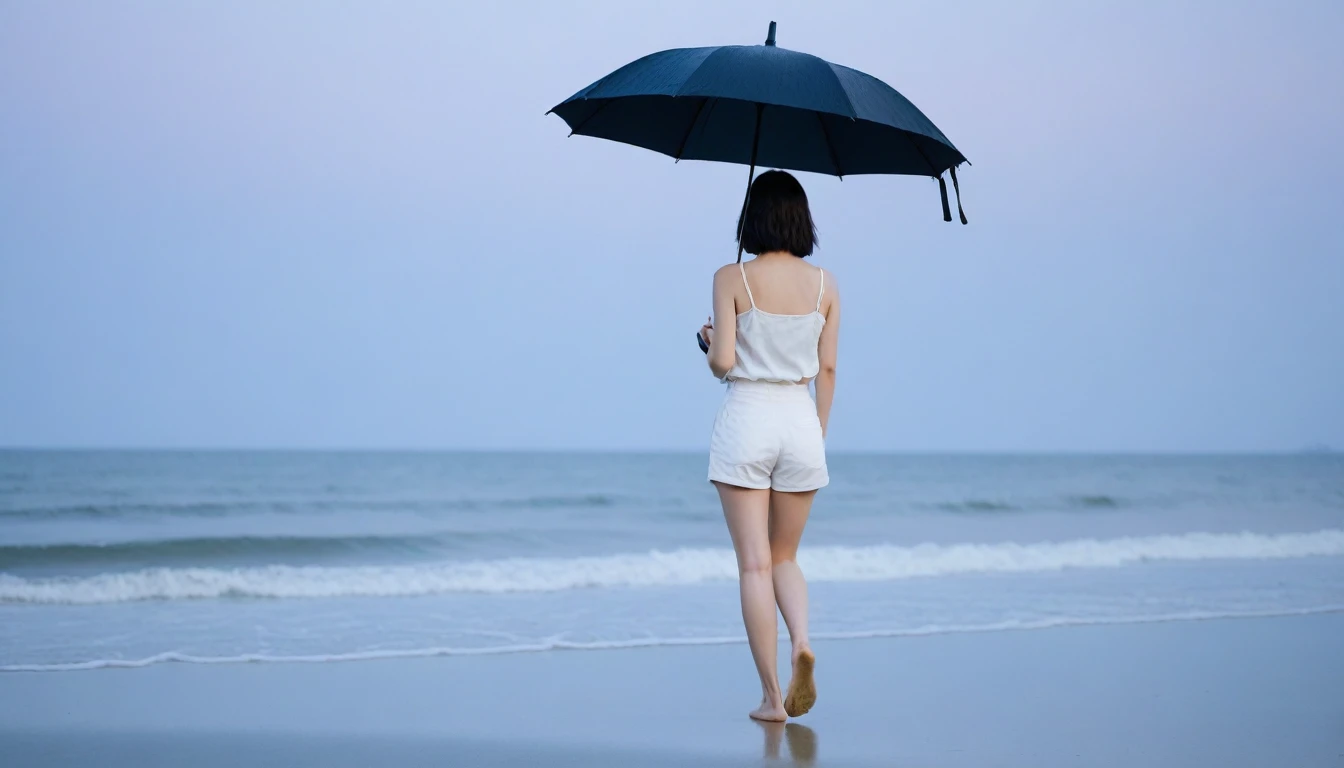 8k, Vivid picture quality, Vivid picture quality, long deserted beach, walking slowly from afar, short medium hair, beautiful appearance, Model-like body, sunset의 붉은 빛, sunset, alone, afternoon, depressed, tide가 밀려온다, rain, medium size black umbrella, ocean, tide, wind, rain가 내리는, Short and slim Korean woman, tower, White shorts, rain가 내리는, walking on the beach with a black umbrella