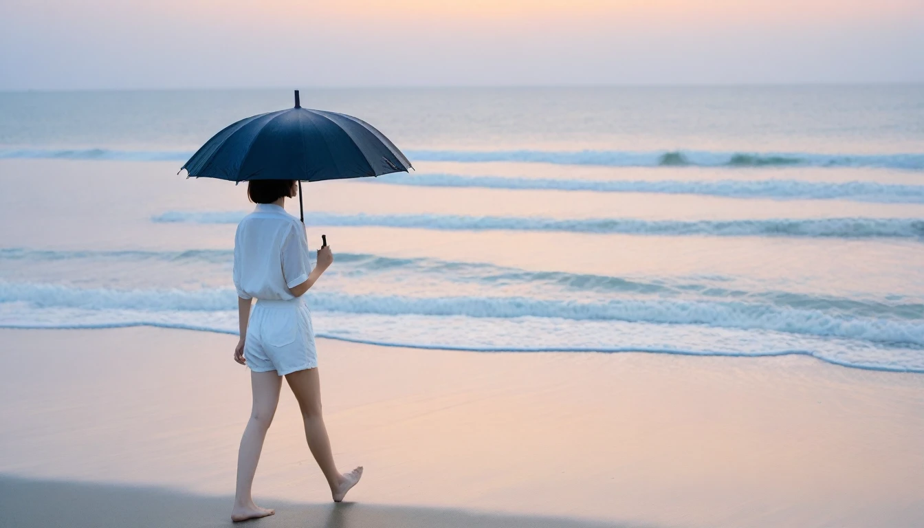 8k, Vivid picture quality, Vivid picture quality, long deserted beach, walking slowly from afar, short medium hair, beautiful appearance, Model-like body, sunset의 붉은 빛, sunset, alone, afternoon, depressed, tide가 밀려온다, rain, medium size black umbrella, ocean, tide, wind, rain가 내리는, Short and slim Korean woman, tower, White shorts, rain가 내리는, walking on the beach with a black umbrella