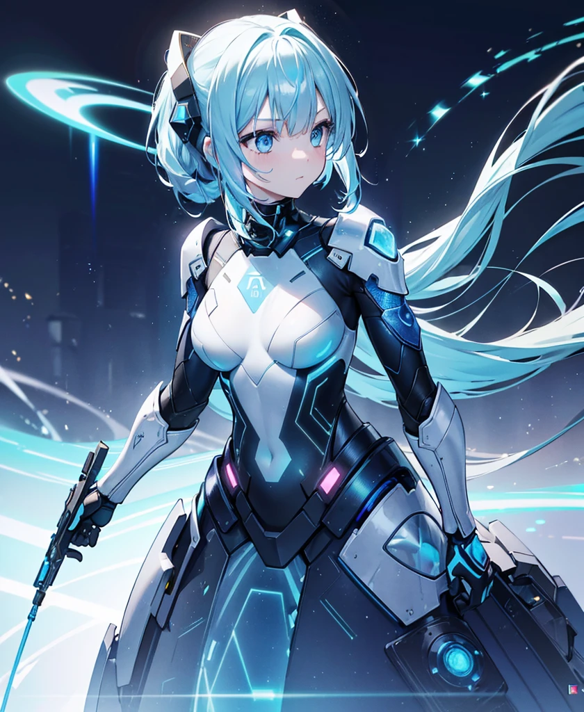 ((Holographic glow effect)),8k, Highest quality, (real:1.4), Original photo, 1 girl, Asari Hair, Biological Amplifier, refined armor, posture: Peace talks between warring factions, smart blue eyes,whole body,Vortex of Light,Band of Light