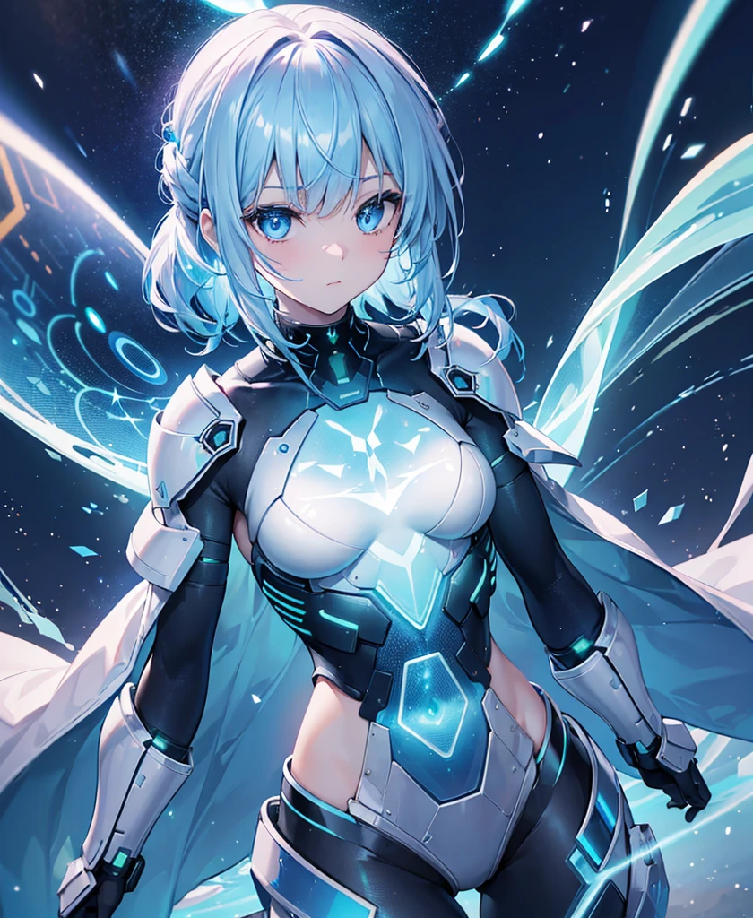 ((Holographic glow effect)),8k, Highest quality, (real:1.4), Original photo, 1 girl, Asari Hair, Biological Amplifier, refined armor, posture: Peace talks between warring factions, smart blue eyes,whole body,Vortex of Light,Band of Light