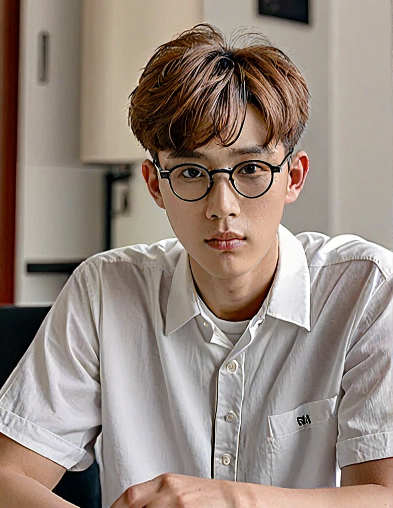 A handsome young man with a striking resemblance to a popular K-pop idol sits pensively, his gaze fixed upon us. He wears a crisp white shirt, complete with a collar and short sleeves, and a pair of stylish glasses. His short brown hair is neatly styled.