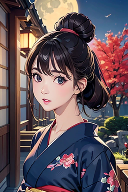 (Official Art、Highest quality、Unity 8k wallpaper、masterpiece、Ultra-high resolution)、Slender、Ample breasts、Black hair in a Japanese round topknot、Highly detailed background、Beautiful girl in yukata、(Highly detailed face and eyes、Beautiful Face、Beautiful Eyes、Beautiful nose、Pretty lips)、A friendly gaze、Japanese garden、Cowboy Shot、moonlight、Autumn scenery、